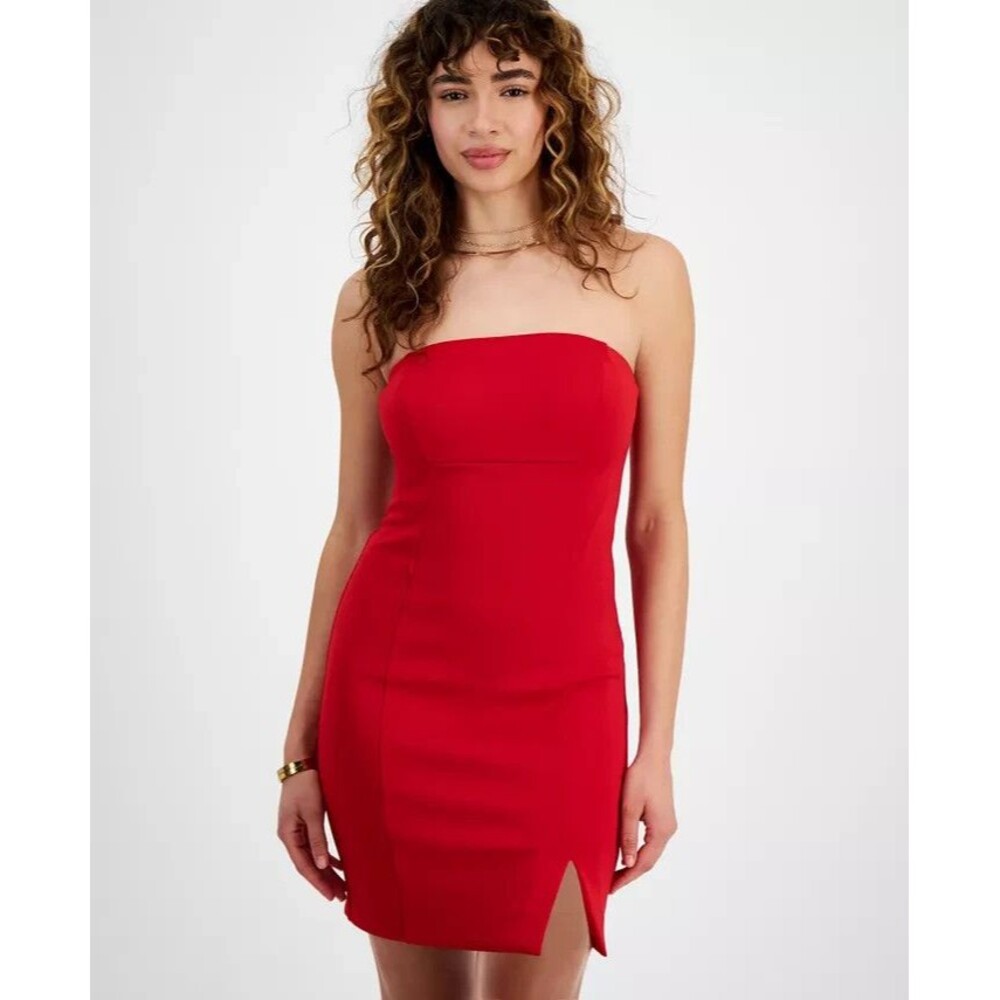 GUESS Women's Anya Straight neckline Strapless Party Bodycon Dress Red 14